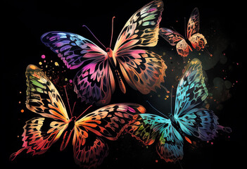Obraz na płótnie Canvas Beautiful neon multi-colored butterflies on a black background, painted in watercolor. AI Generated