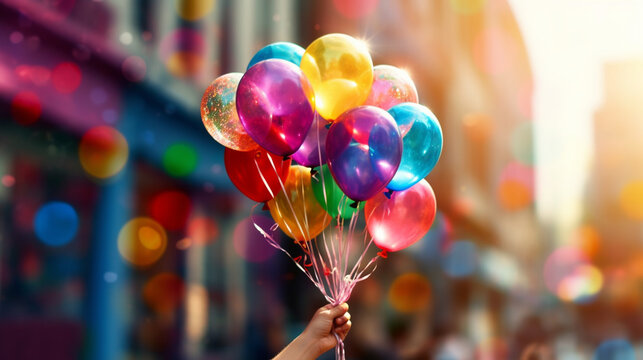 A soft focus image of a person holding a bouquet of balloons with shallow depth of field and blurred surroundings