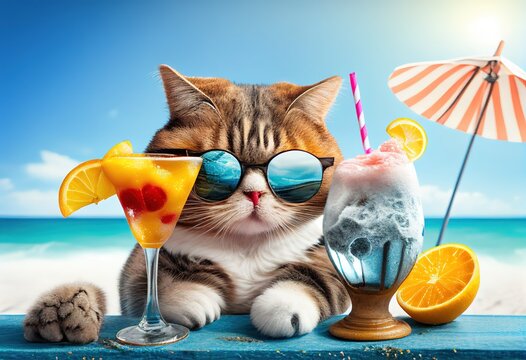 Funny cat drinking cocktails at the bar. Beach ocean illustration. Ai generative.