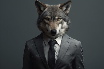 Fototapeta premium Portrait of a wolfdog in a suit on an dark background generative ai