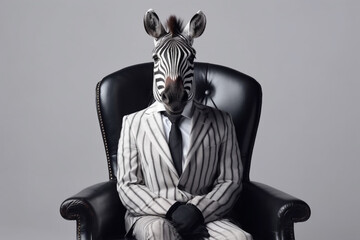 Businessman with zebra head sitting in armchair on grey background generative ai