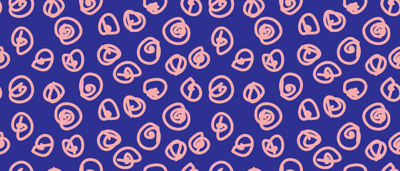 Cute Hand Drawn Abstract Spots Vector Pattern. Pastel Pink Circles on a Royal Blue Background. Simple Irregular Dotted Vector Print ideal for Wrapping Paper. Pink Swirls on a Dark Blue Layout.
