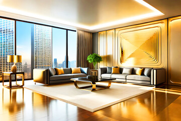luxury modern futuristic very gold living room with big windows minimalistic mockup with generative ai technology