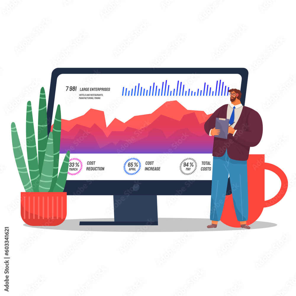 Poster man studies statistics infographic dashboard template. analyze graphs and charts. businessman workin