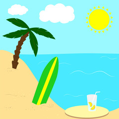 Beach vector illustration with palm tree, surfboard