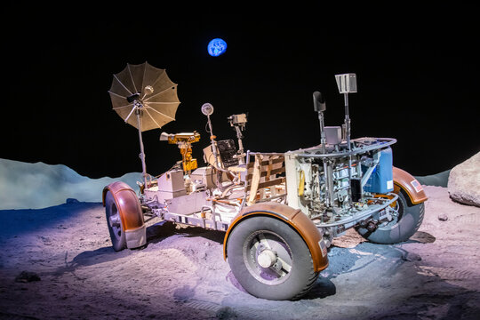 Houston USA 4th Feb 2023:  Lunar Roving Vehicle (LRV) in Space Center Houston. a battery-powered four-wheeled rover used on the Moon in the last three missions of the American Apollo program. 