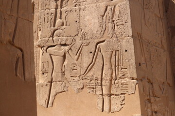 Ancient egyptian carvings and hyroglyphs at Karnak temple in Luxor, Egypt 