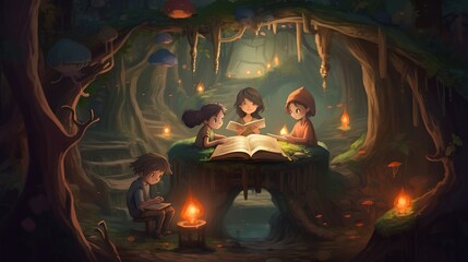 Fototapeta na wymiar kids reading storybooks in a fantastical world