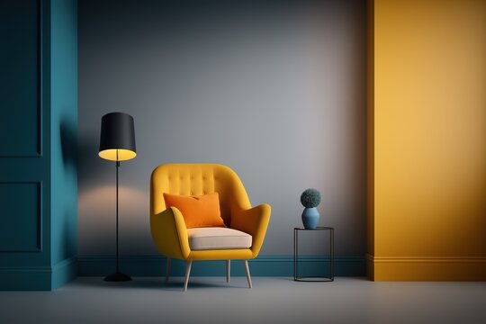 minimalist interior design, livingroom color wall and just one armchair and a lamp