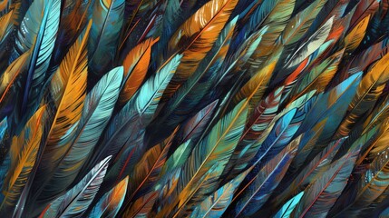 artful composition of colorful feathers, arranged in a dynamic and visually striking pattern