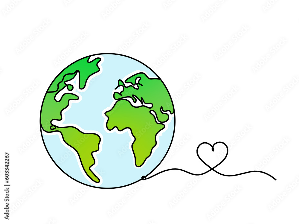 Wall mural abstract color planet earth with heart as line drawing on white