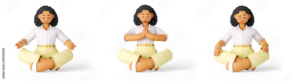 Wall mural 3D character illustration set of a young black office worker woman in a pose in deep meditation sitting cross-legged, isolated on a transparent white background