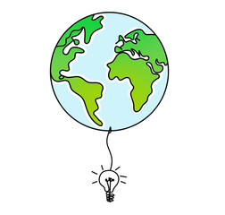 Abstract color planet Earth with light bulb as line drawing on white