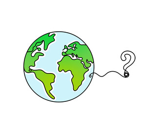 Abstract color planet Earth with question mark as line drawing on white