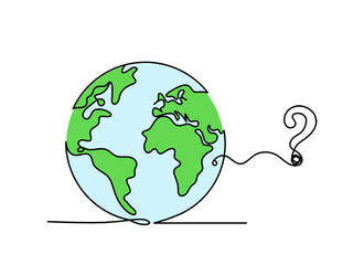 Abstract color planet Earth with question mark as line drawing on white