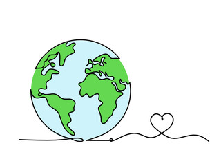 Abstract color planet Earth with heart as line drawing on white