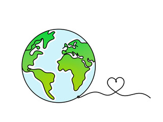 Abstract color planet Earth with heart as line drawing on white