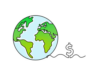 Abstract color planet Earth with dollar as line drawing on white