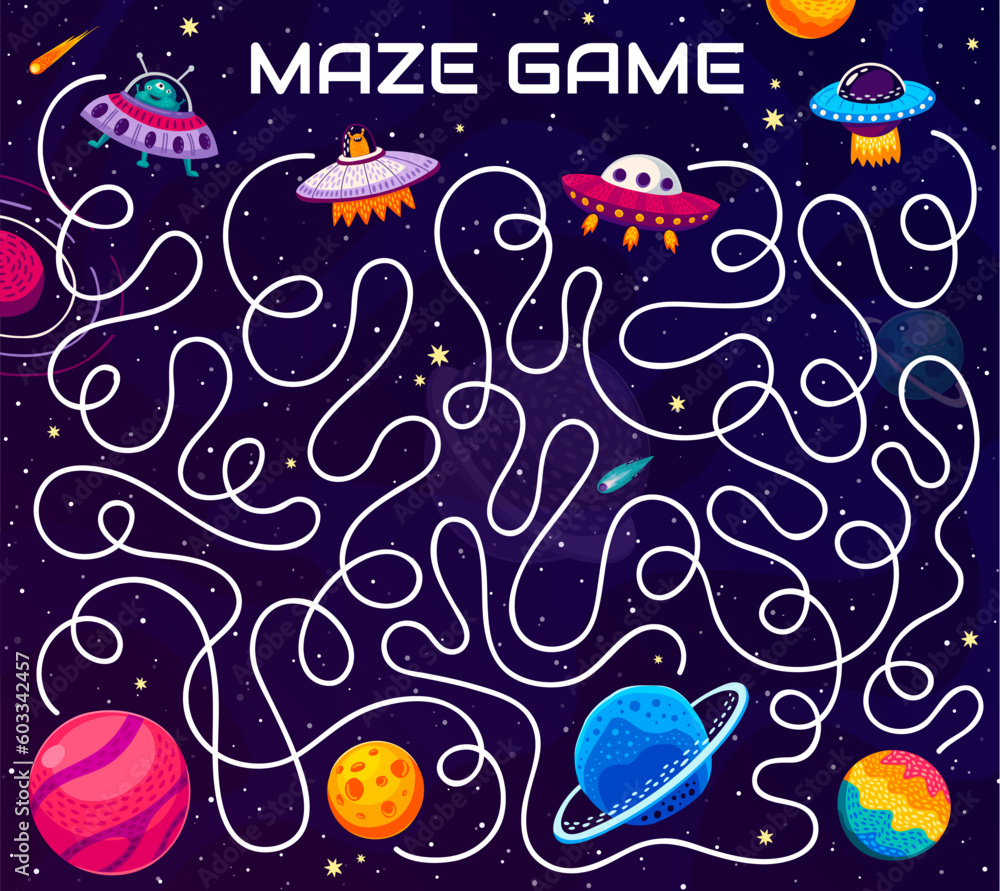 Poster labyrinth maze help to ufo find his space planet. kids vector worksheet with alien saucers and tangl
