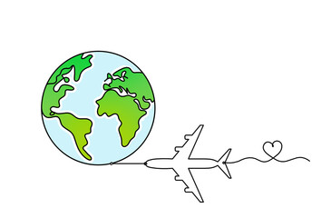 Abstract color planet Earth with plane as line drawing on white