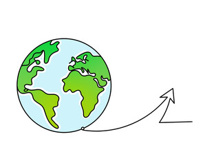 Abstract color planet Earth with hand as line drawing on white