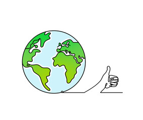 Abstract color planet Earth with hand as line drawing on white