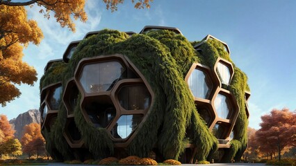 The Hive - Sci-fi futuristic brutalist architecture style building structure with hexagonal-pattern and lush vegetation façade, in nature, during an autumn day  - Generative AI Illustration