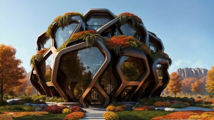 The Hive - Sci-fi futuristic brutalist architecture style building structure with hexagonal-pattern and lush vegetation façade, in nature, during an autumn day  - Generative AI Illustration