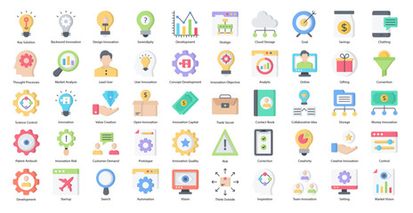 Fototapeta na wymiar Innovation Flat Icons Creative Development Automation Icon Set in Color Style 50 Vector Icons