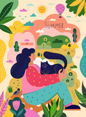 Cute summer card with cat. Summer vector illustration with woman and cat. Summer time card
