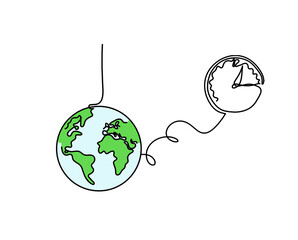 Abstract color planet Earth with clock as line drawing on white