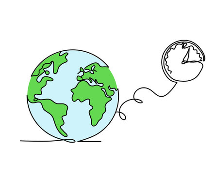 Abstract color planet Earth with clock as line drawing on white