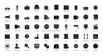 Cinema Glyph Icons Movie Camera Video Icon Set in Glyph Style 50 Vector Icons in Black