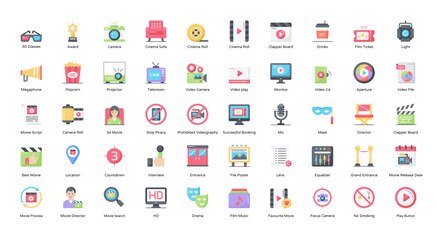 Cinema Flat Icons Movie Camera Video Icon Set in Color Style 50 Vector Icons