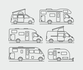 Recreational Vehicle Motorhome Campervan Caravan Vector Line Icons