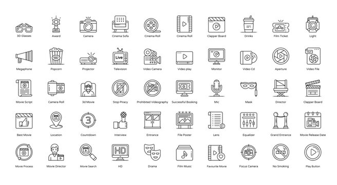 Cinema Thin Line Icons Movie Camera Video Icon Set in Outline Style 50 Vector Icons in Black