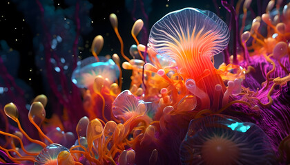 Obraz na płótnie Canvas Coral reefs and underwater life depicted in stunning detail on a clean and transparent glass texture background Generative AI