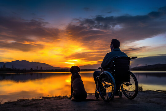 a man in a wheelchair and a dog at sunset