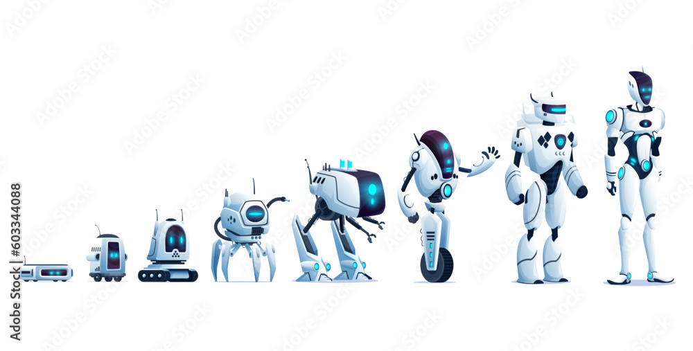 Poster robots evolution in artificial intelligence technology, vector characters. robots evolution, digital