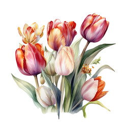 Bouquet Of Flowers and leaves, isolated on white background, watercolor illustration, AI generated