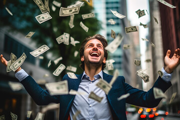 smart business man catching money rain of dollar bills cash falling down in business district. Generative AI