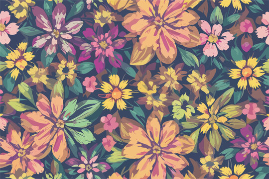 Vector floral seamless pattern with flowers and green leaves
 on a blue background.