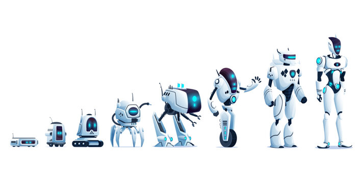Robots evolution in artificial intelligence technology, vector characters. Robots evolution, digital tech and future innovation, AI computer bots progress, cyber android or cyborg droids development
