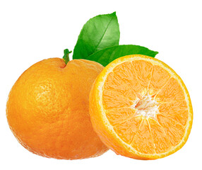 Orange fruit with orange leaves isolated. Png transparency