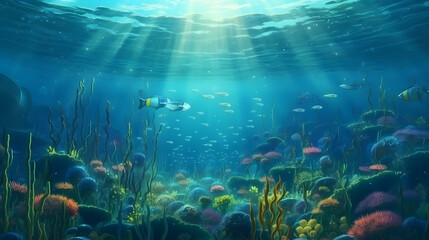 Naklejka na ściany i meble The world on underwater, illustration. Generative AI