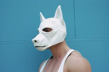 a man in a white dog mask, created by a neural network, Generative AI technology