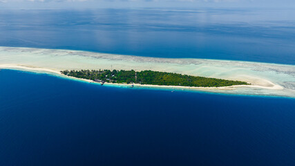 Aerial drone of atoll and tropical island Mataking with beach. Tun Sakaran Marine Park. Borneo, Sabah, Malaysia.