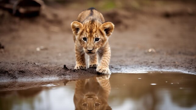 a baby lion, runs through the puddle, is reflected in the puddle, photography, lion cub in the water, Generative AI