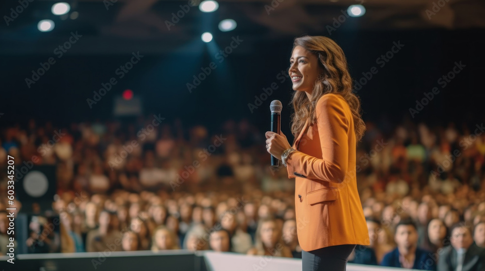 Wall mural Exited woman motivational speaker on stage. Diversity, Success, Leadership, STEM concept. Generative AI.