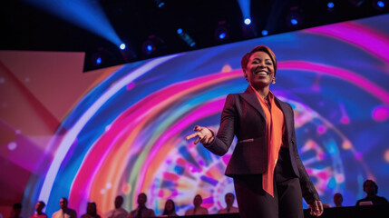 Exited african american woman motivational speaker on stage. Diversity, Success, Leadership, STEM concept. Generative AI.